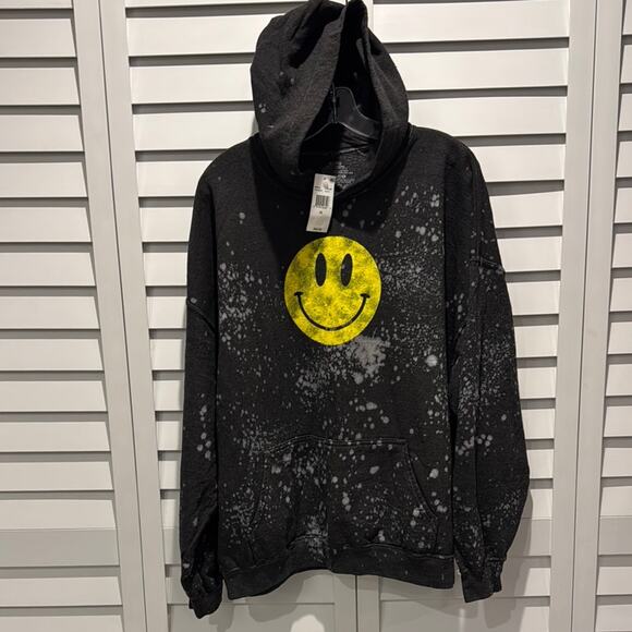 Black Smiley Face NWT Hoodie Sweatshirt. Missing the drawstring cord. - Picture 1 of 5